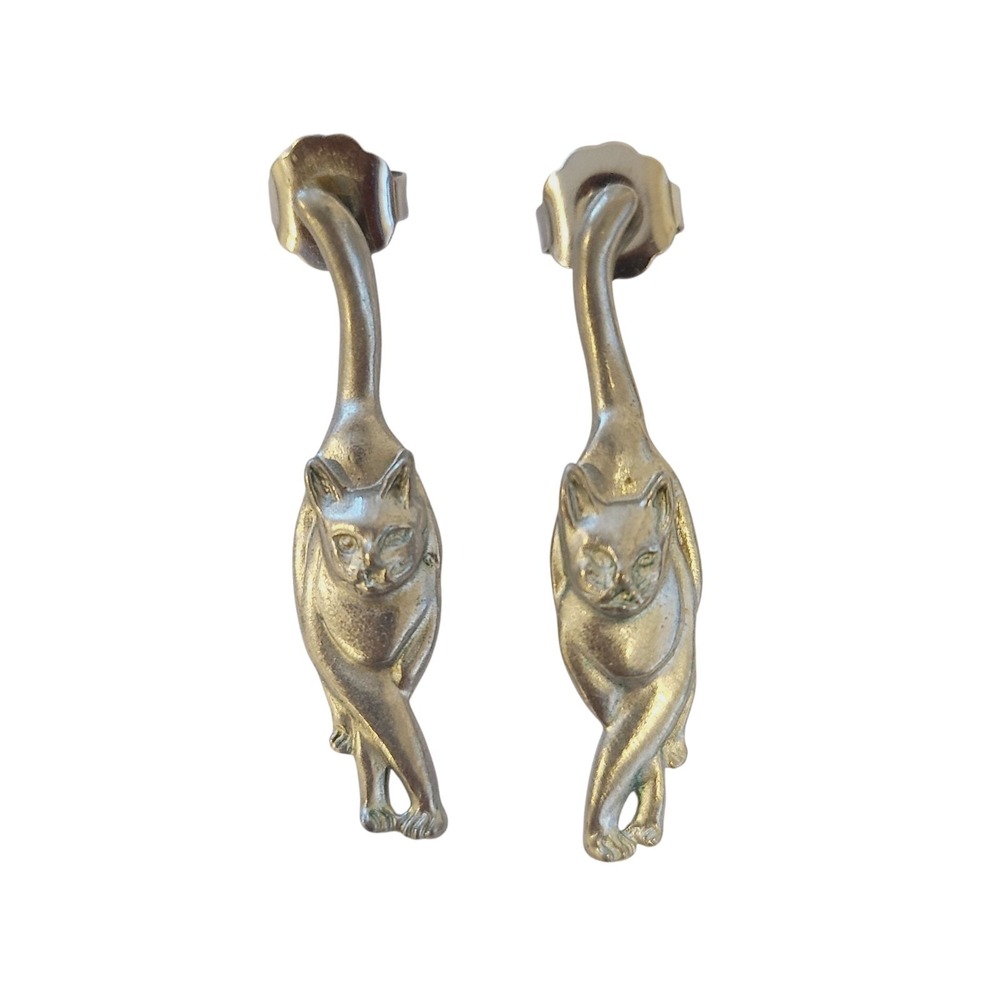 Maurice Milleur Walking Cat Earrings‎ Pewter 1988 Signed Silver Tone Vintage